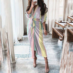 Abstract Print Maxi Dress with Belted Waist and Long Sleeves