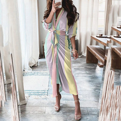Abstract Print Maxi Dress with Belted Waist and Long Sleeves