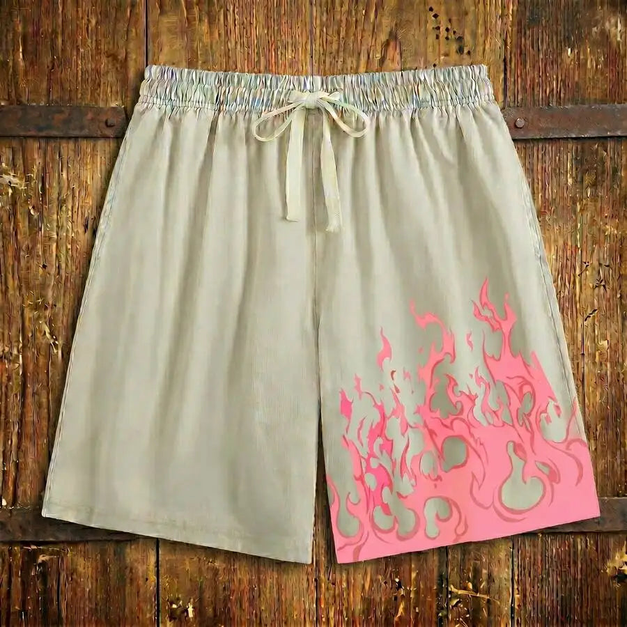 Men's Washed Drawstring Shorts with Flame Graphic Print and Relaxed Streetwear Fit