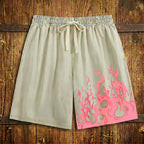 Men's Washed Drawstring Shorts with Flame Graphic Print and Relaxed Streetwear Fit
