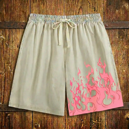Men's Washed Drawstring Shorts with Flame Graphic Print and Relaxed Streetwear Fit