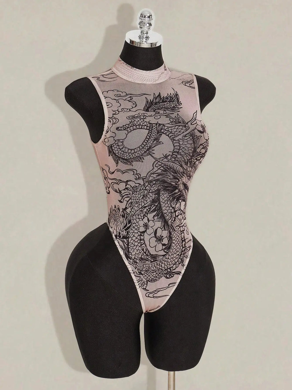 Sheer Printed Mesh High Neck Bodysuit for Gothic Alternative Fashion