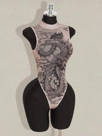 Sheer Printed Mesh High Neck Bodysuit for Gothic Alternative Fashion