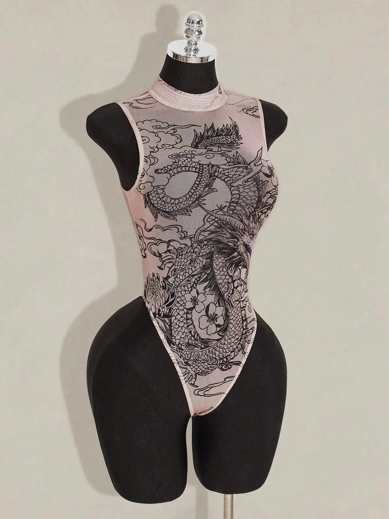Sheer Printed Mesh High Neck Bodysuit for Gothic Alternative Fashion