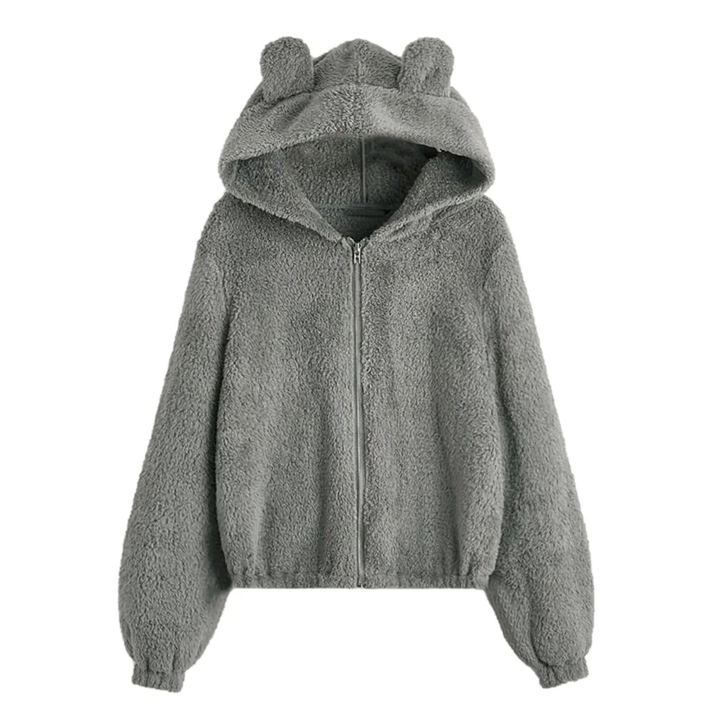 Women's Plush Zip-Up Hoodie with Bear Ear Hood Relaxed Casual Everyday Style
