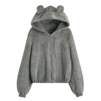 Women's Plush Zip-Up Hoodie with Bear Ear Hood Relaxed Casual Everyday Style