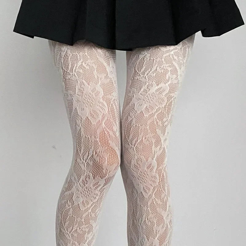 Floral Embroidered Mesh Stockings with Sheer Lace Pattern for Contemporary Streetwear Styling