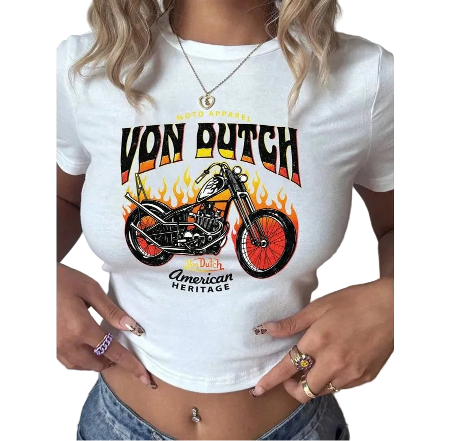 Flame Graphic Crop Tee with Motorcycle Inspired Artwork and Y2K Style