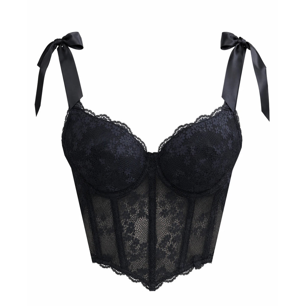 Romantic White Lace Bustier Top with Ribbon Tie Straps and Structured Silhouette
