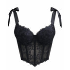 Romantic White Lace Bustier Top with Ribbon Tie Straps and Structured Silhouette