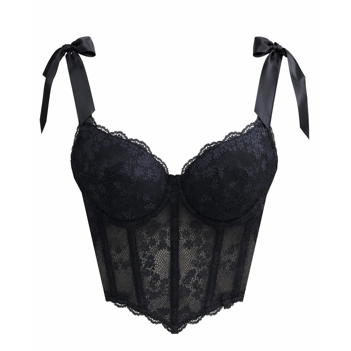 Romantic White Lace Bustier Top with Ribbon Tie Straps and Structured Silhouette