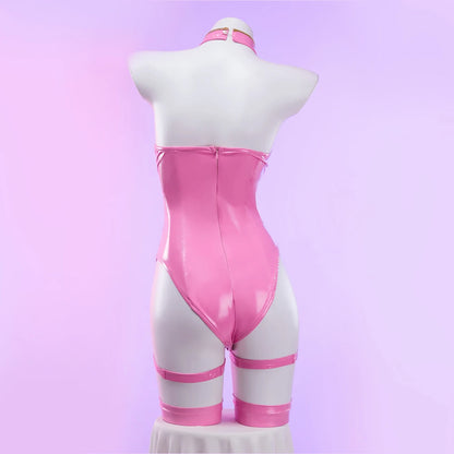 Women's Halter Cutout Bodysuit Set with Matching Gloves, Leg Bands and Coordinated Accessories