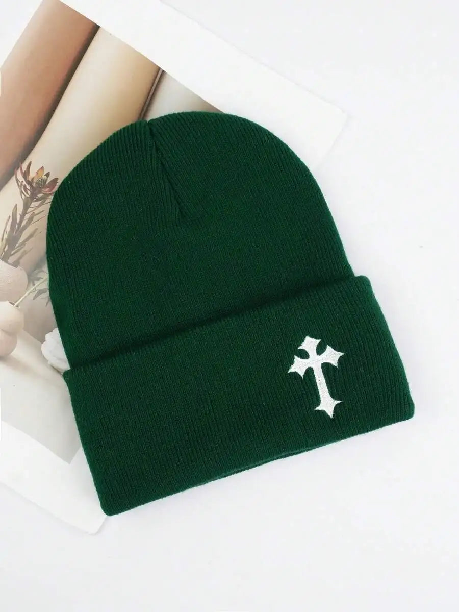 Minimalist Embroidered Cross Acrylic Knit Beanie for Modern Streetwear Winter Casual Fashion Style