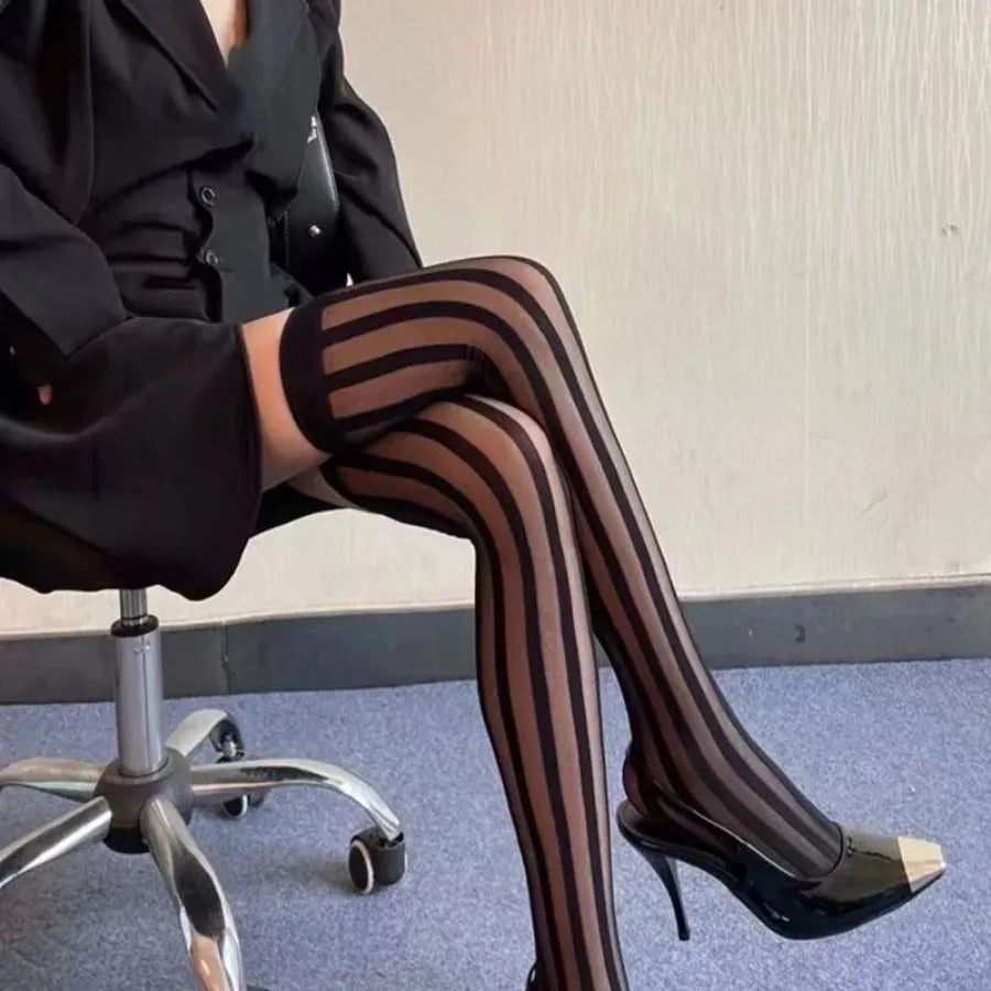 Vertical Stripe Sheer Thigh High Stockings with Stretch Knit Over-the-Knee Fashion Design