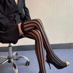 Vertical Stripe Sheer Thigh High Stockings with Stretch Knit Over-the-Knee Fashion Design