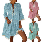 Relaxed Bohemian Tassel-Trimmed Shift Dress in Teal Geometric Print