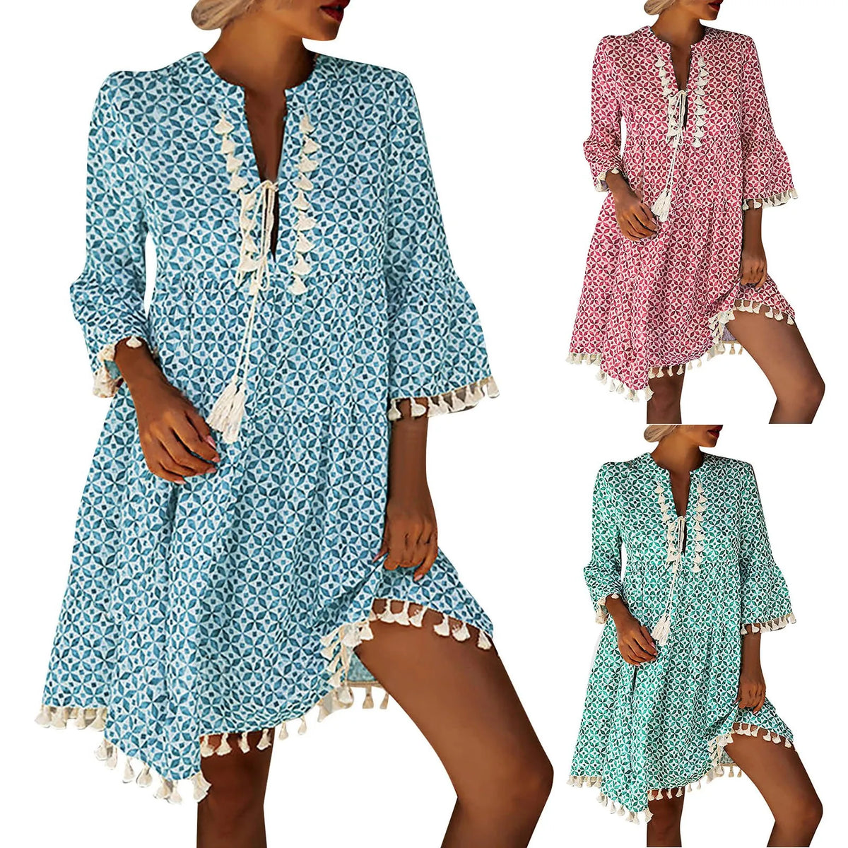 Relaxed Bohemian Tassel-Trimmed Shift Dress in Teal Geometric Print