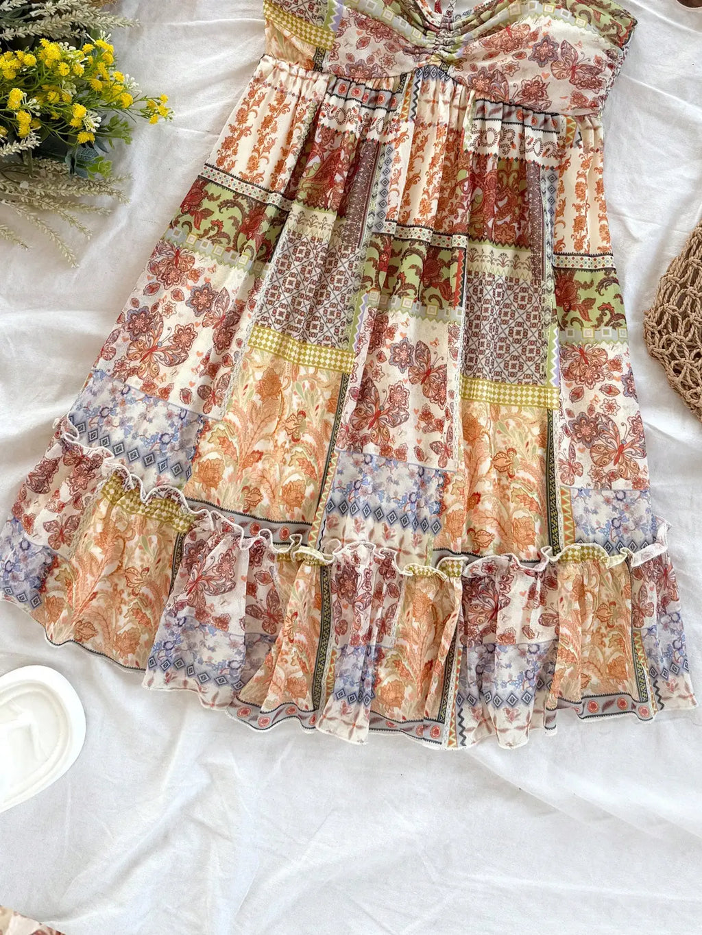 Patchwork Print Halter Mini Dress with Ruffle Trim Bohemian Silhouette