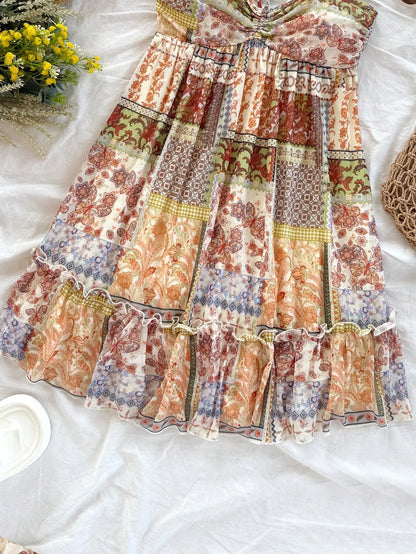 Patchwork Print Halter Mini Dress with Ruffle Trim Bohemian Silhouette