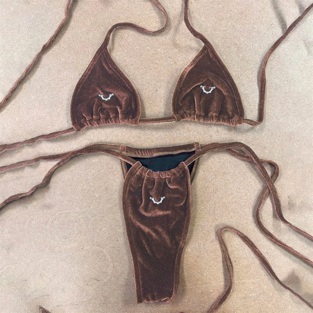 Deep Plum Velvet-Texture String Bikini with Delicate Hardware Accents