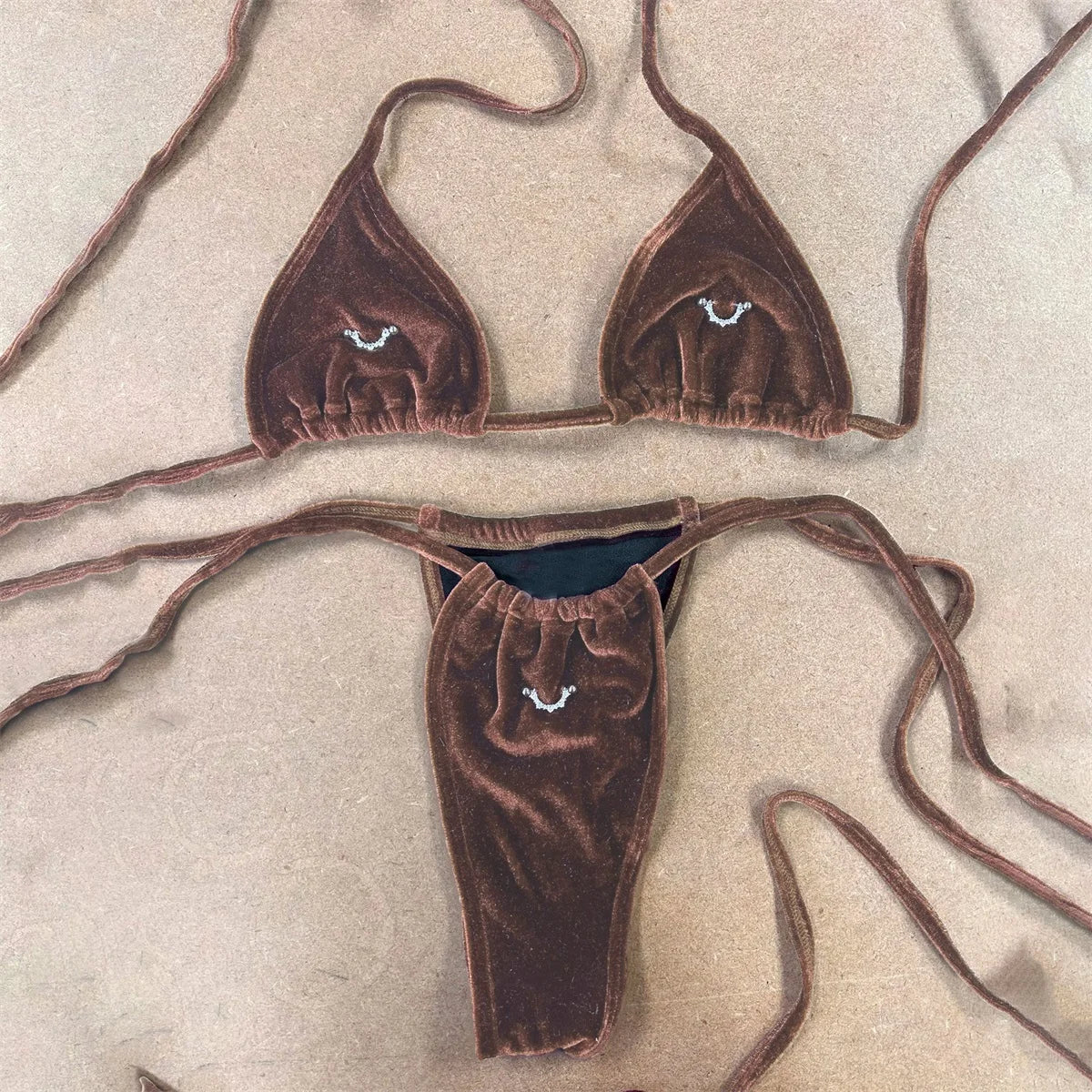 Deep Plum Velvet-Texture String Bikini with Delicate Hardware Accents