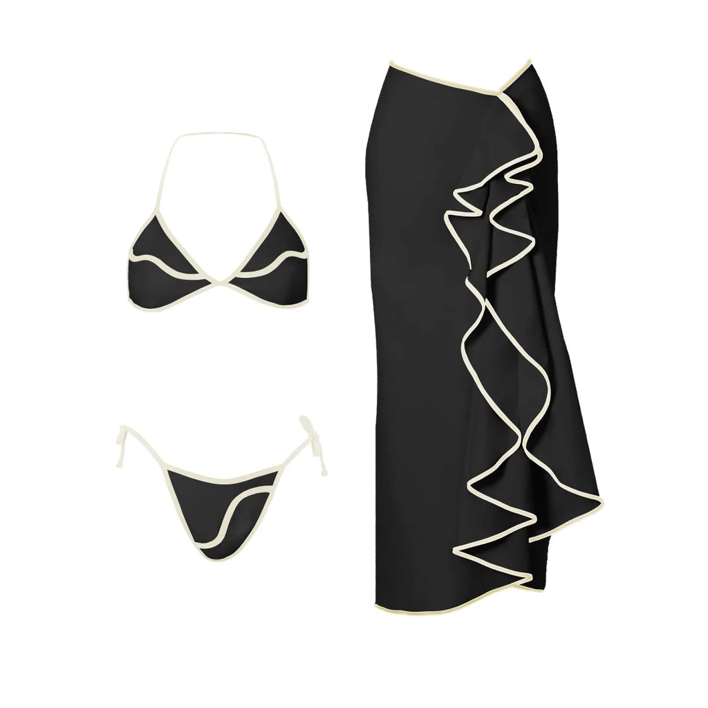 Cream and Black Contrast-Trim Triangle Bikini with Matching Maxi Skirt
