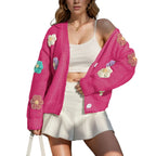 Women's Floral Pattern Button Front Cropped Knit Cardigan with Relaxed Fit