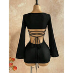 Sweetheart Neck Bodycon Mini Dress with Flare Sleeves and Open Back Detail