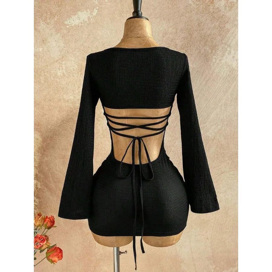 Sweetheart Neck Bodycon Mini Dress with Flare Sleeves and Open Back Detail