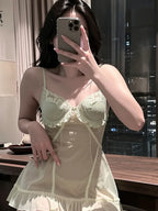 Romantic Sheer Mesh Babydoll Dress with Embroidered Lace Bodice and Ruffled Hem