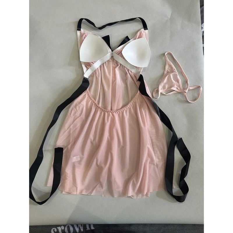 Pastel Pink Pleated Mesh Babydoll Nightdress with Contrasting Black Ribbon Ties
