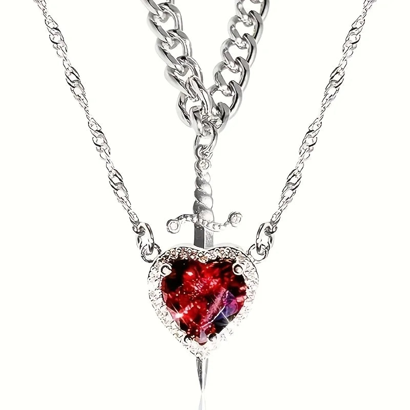 Dark Romantic Heart Pendant Necklace with Layered Chain Alternative Statement Design