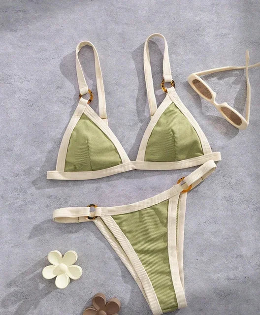 Textured Taupe Bikini with Contrast White Piping and Hardware Accents