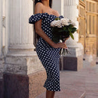 Navy Blue Polka Dot Off-the-Shoulder Fitted Midi Dress