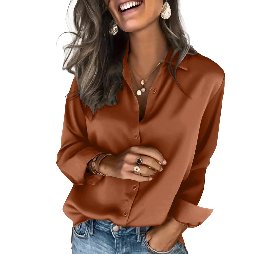 Classic Solid Black Satin-Finish Button-Down Blouse with Straight Silhouette