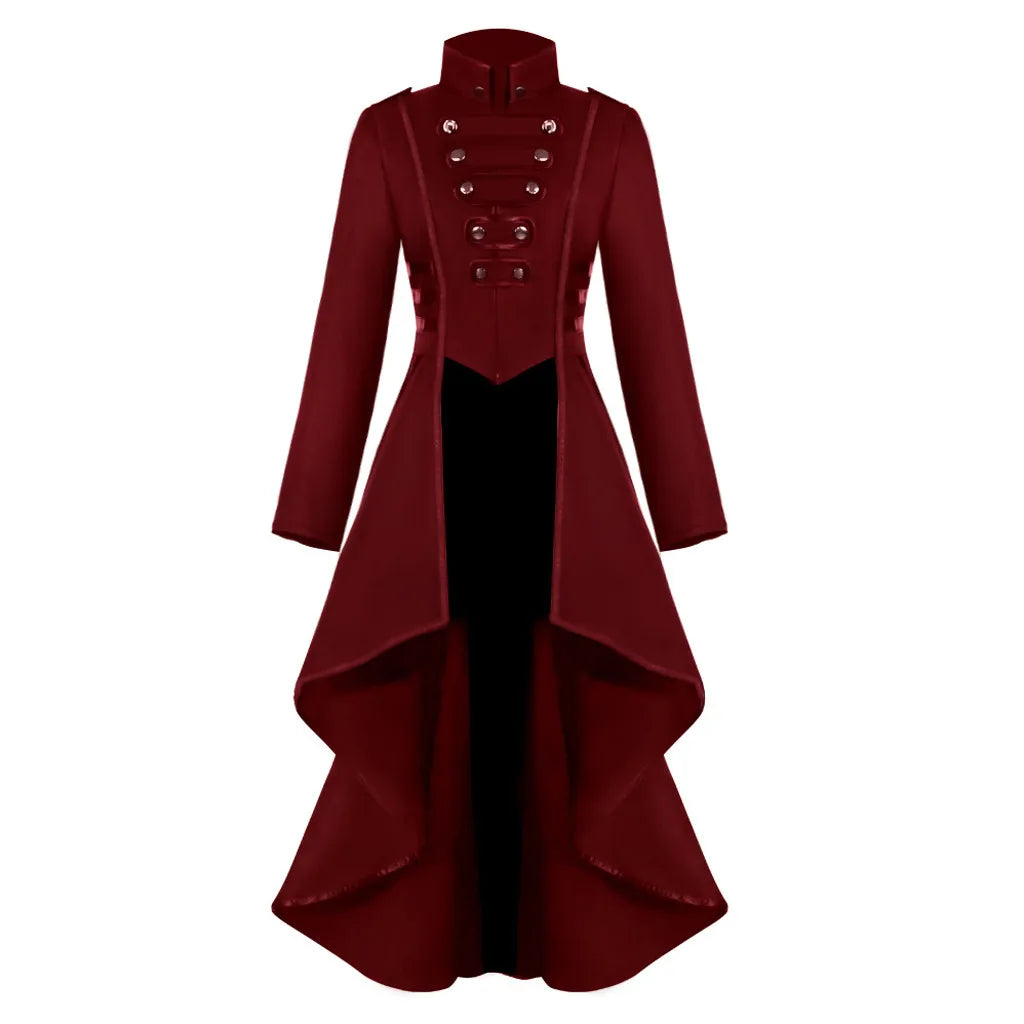 Structured High Collar Gothic Coat Dress with Dramatic Alternative Fashion Style - BigCat Streetwear