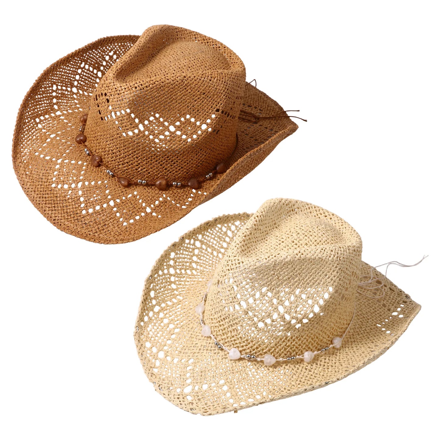 Women's Wide Brim Straw Cowgirl Hat with Decorative Beaded Band for Summer Outdoor Wear