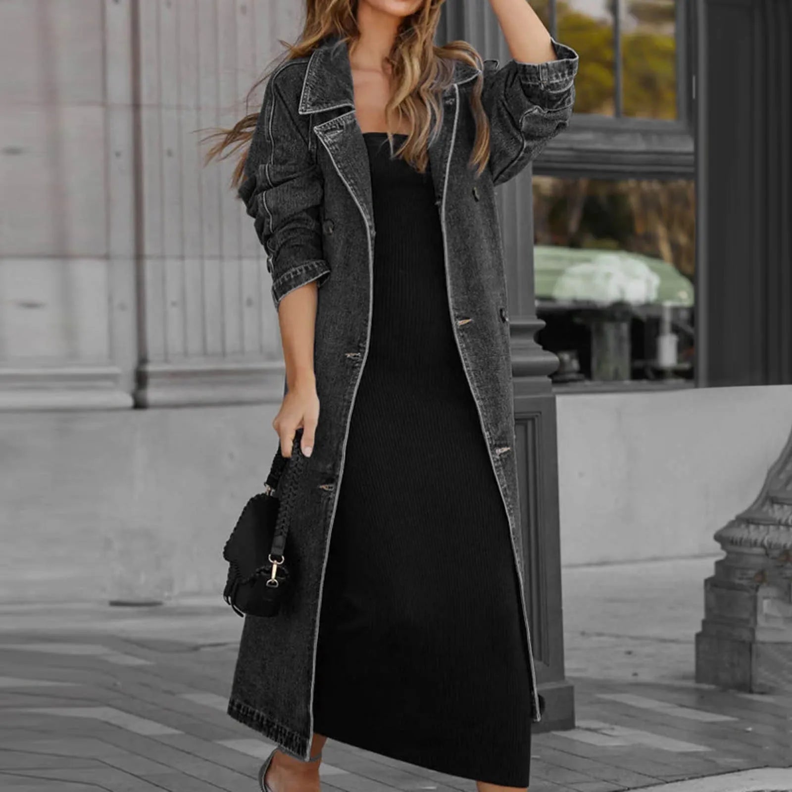 Women's Oversized Longline Denim Style Utility Coat with Relaxed Streetwear Layering Silhouette