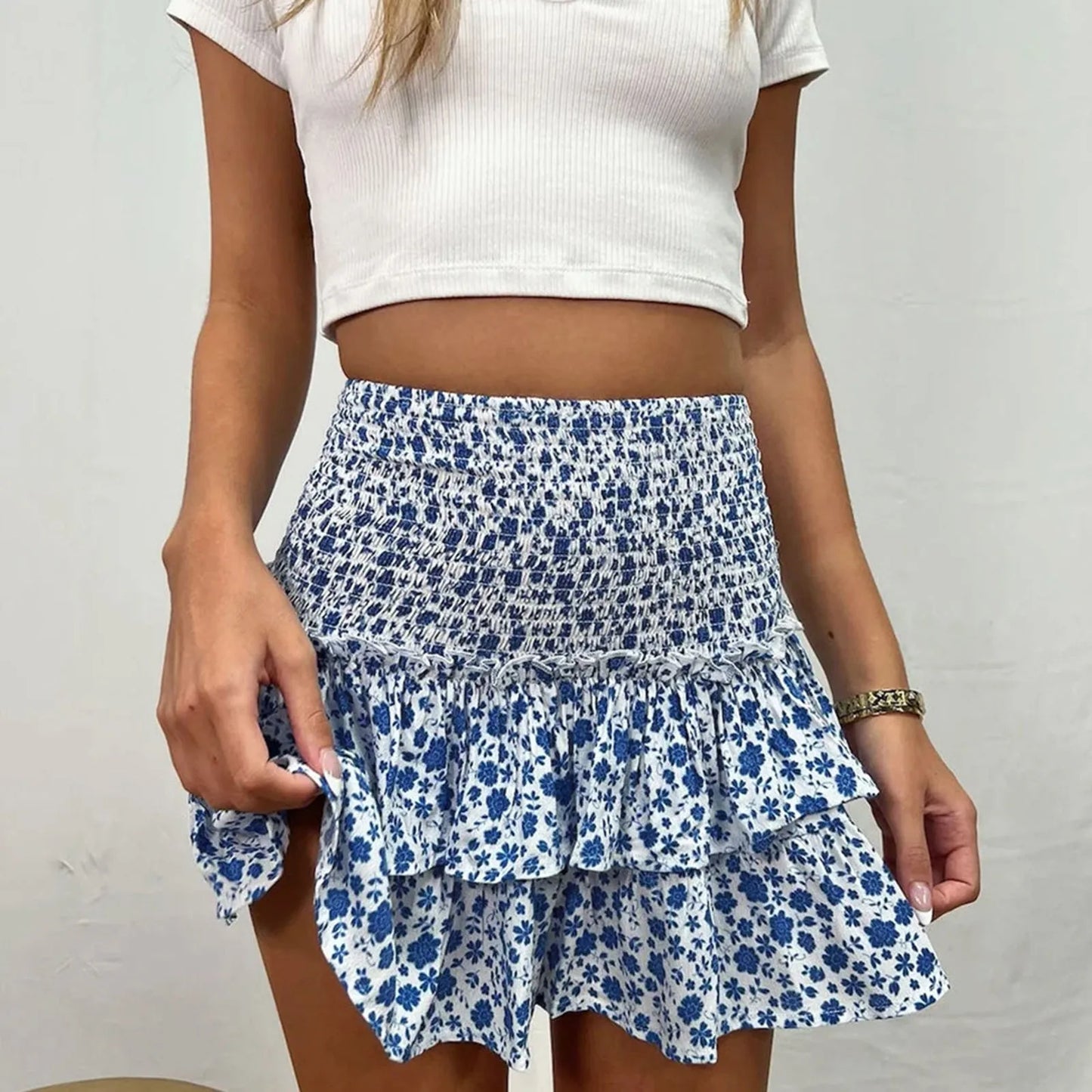 Tiered Ruffle Mini Skirt with Textured Pleated Streetwear Styling