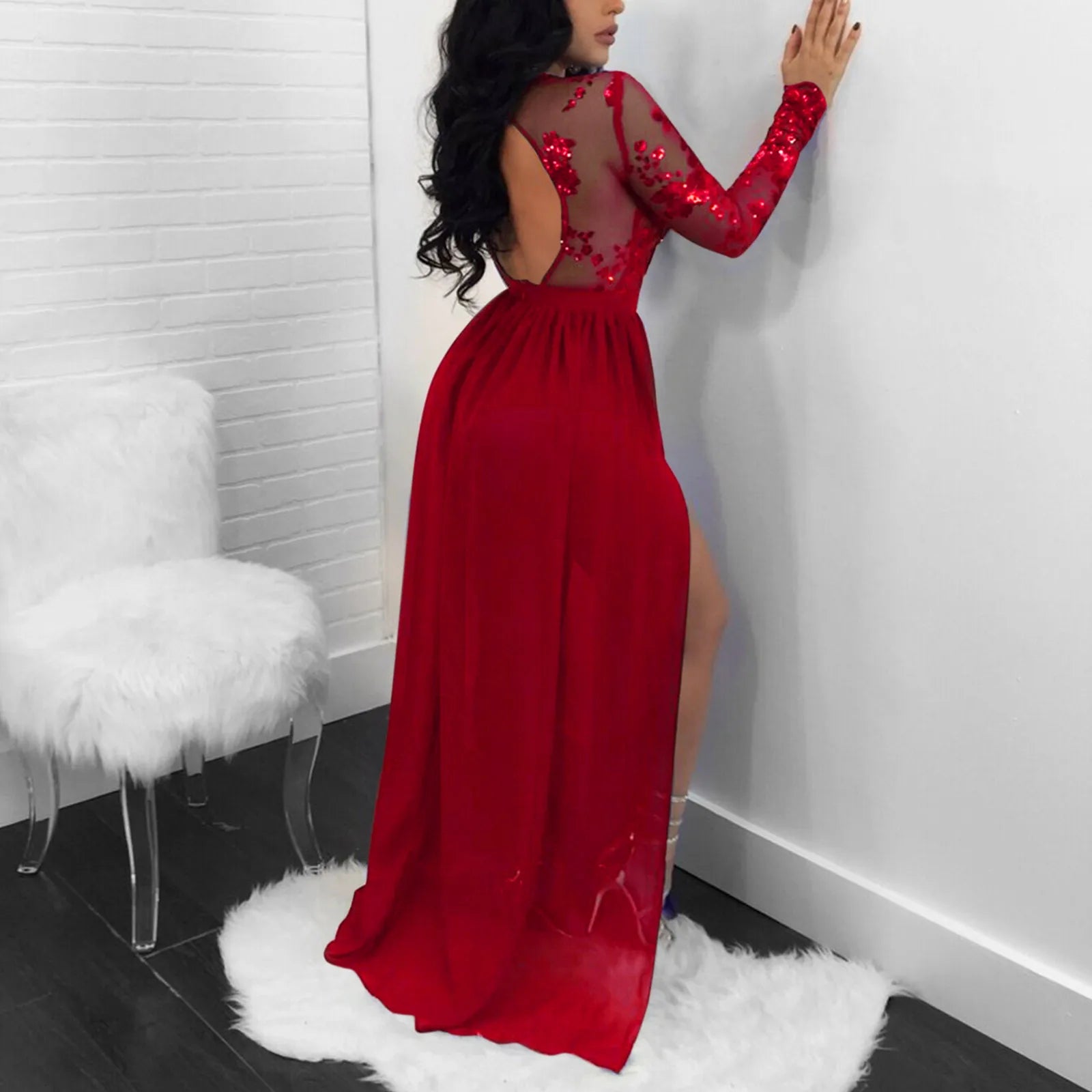 Cutout Detail Maxi Dress With Full Skirt And Side Slit