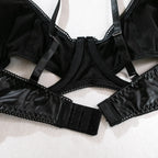 Faux Leather Wet-Look Three-Piece Lingerie Set with Garter Belt