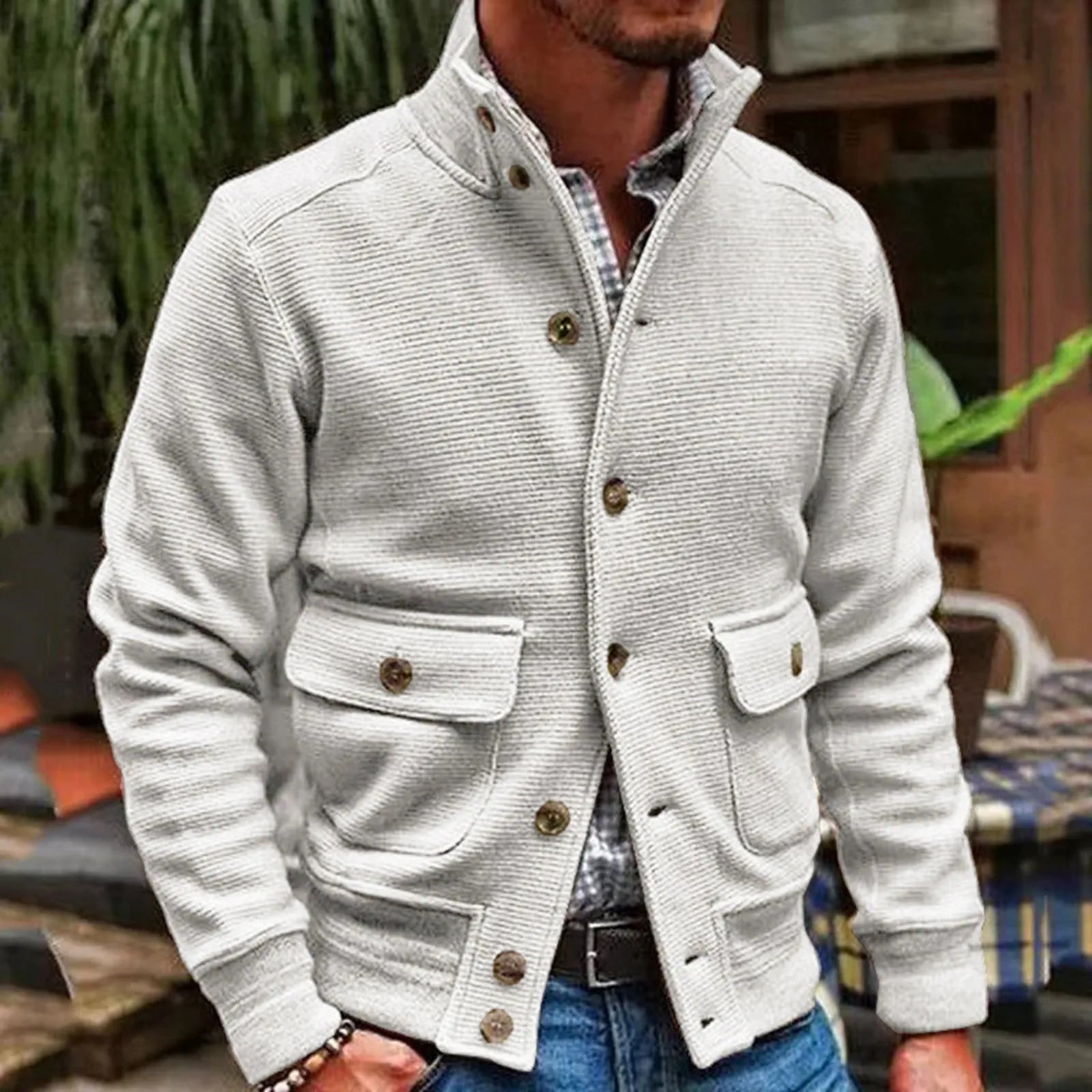 Men's Knit Button Front Cardigan Jacket with Utility Pockets for Contemporary Casual Streetwear