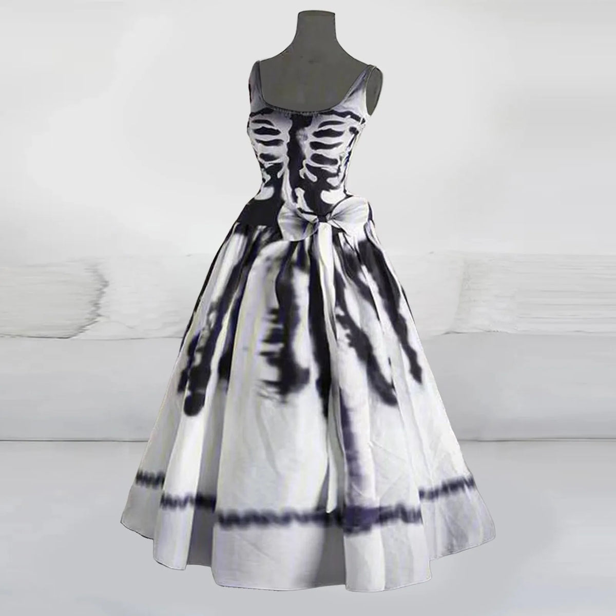 Halloween Skeleton Ribcage Print Flared Swing Dress with Waist Bow