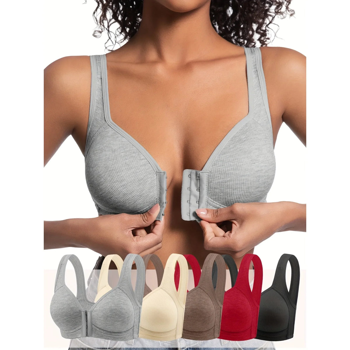 Ribbed Texture Front-Closure Wireless Bra with Wide Shoulder Straps