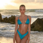Solid Black Ruched Triangle String Bikini with Gathered Detailing