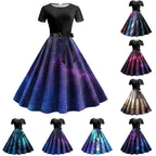 Cosmic Galaxy Print A-Line Swing Dress with Black Bodice and Waist Tie