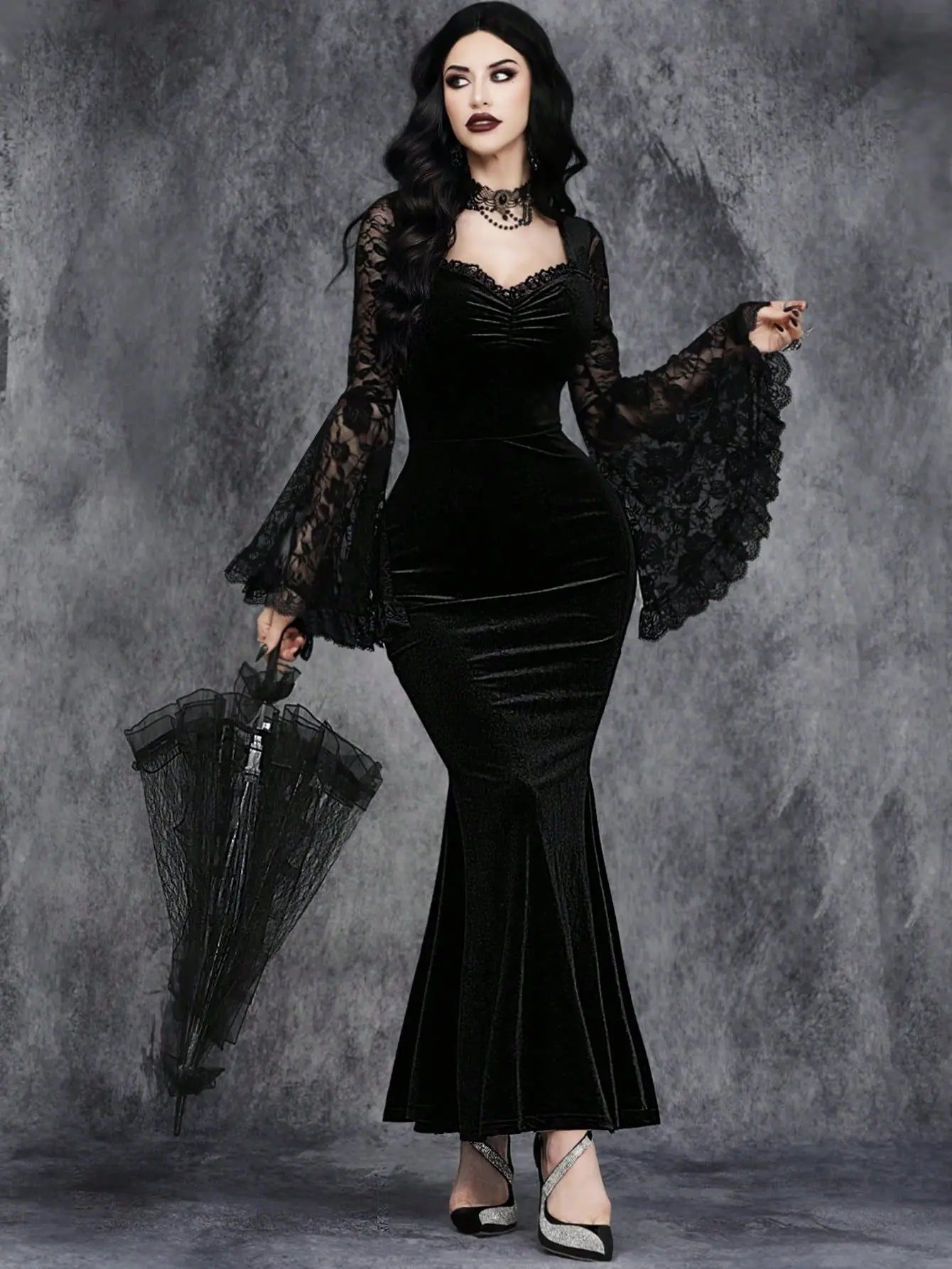 Velvet Gothic Mermaid Dress with Lace Sleeves and Dark Elegance
