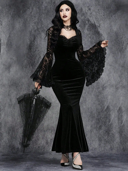 Velvet Gothic Mermaid Dress with Lace Sleeves and Dark Elegance