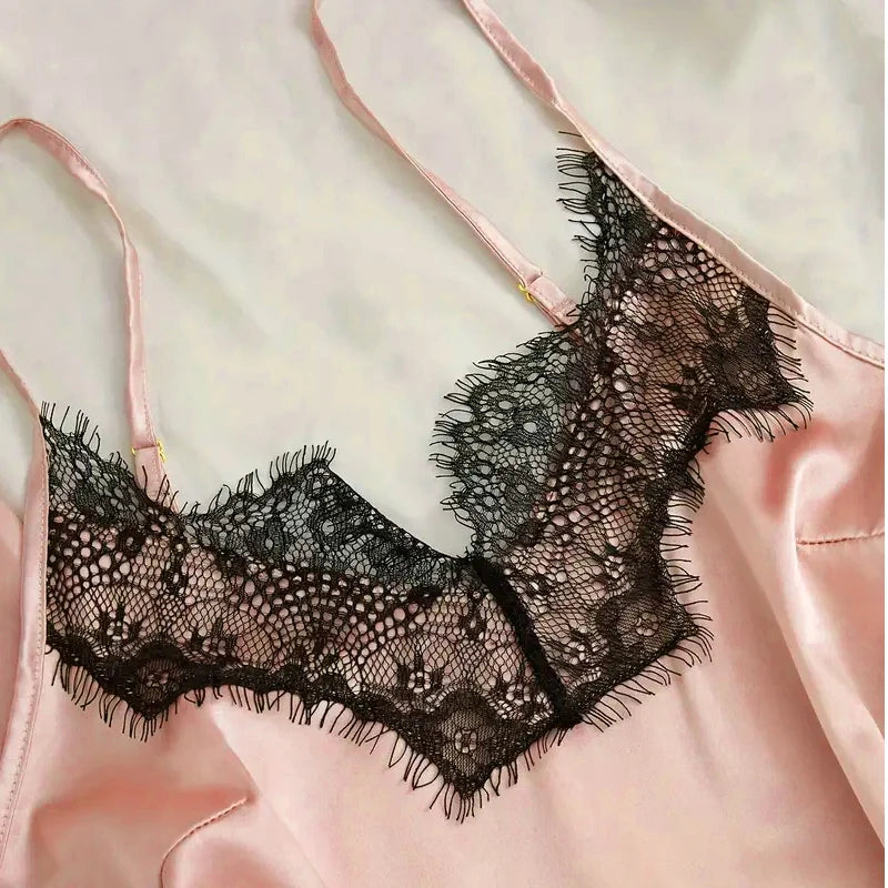 5-Piece Pink Satin-Style Sleepwear Collection with Striking Black Scalloped Lace Trim
