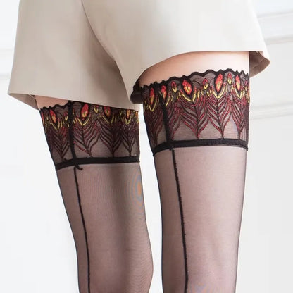 Vintage Back Seam Thigh High Stockings with Lace Stay-Up Band and Sheer Finish